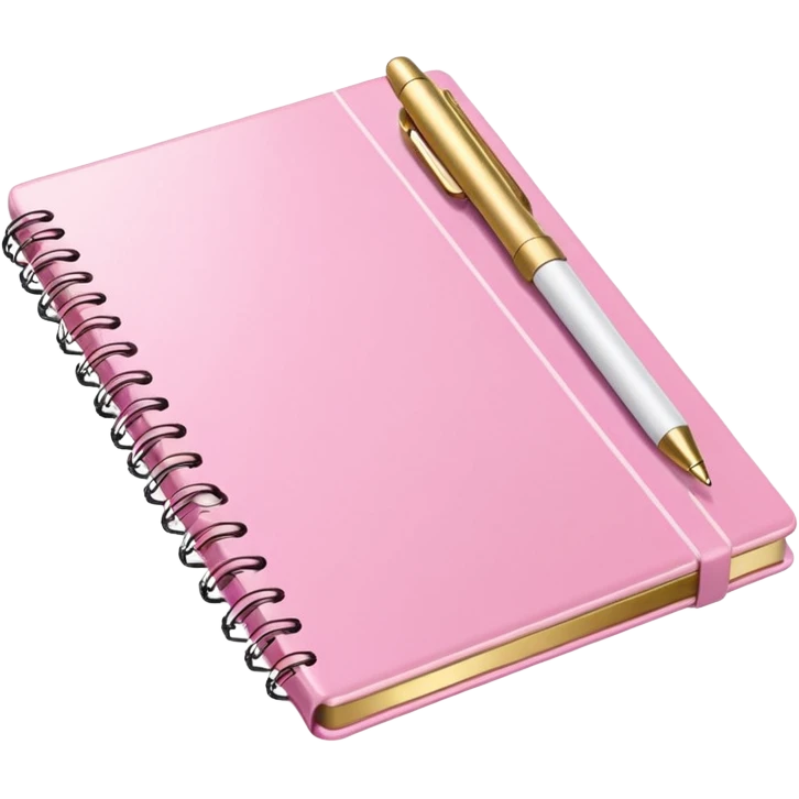 Notebook, gold and pink and white. angled view. with pen emoji