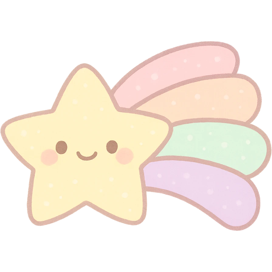 kawaii yellow shooting star, smiling face, soft pastel colors, pastel trail, no arms or legs, full body, soft pastel kawaii style, transparent background emoji