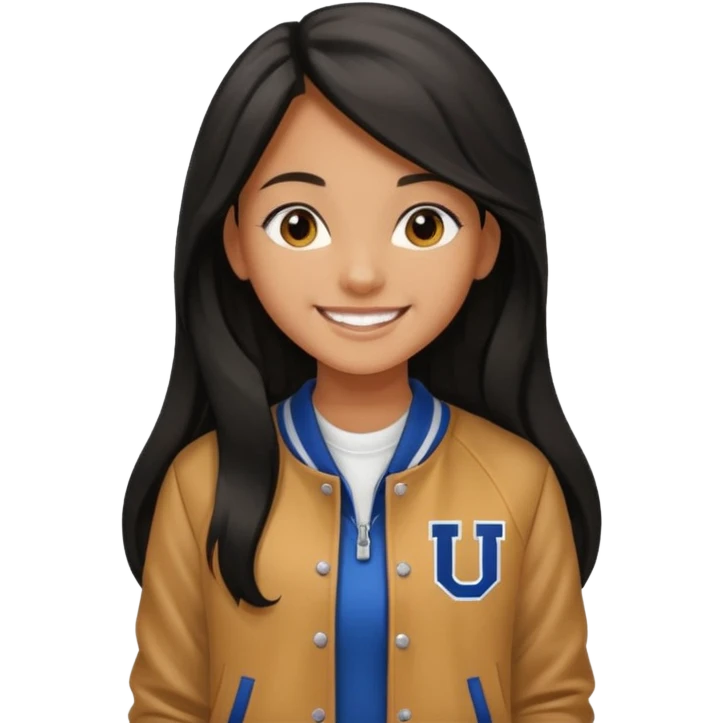 walk black long hair girl at university without backpack with varsity jacket emoji