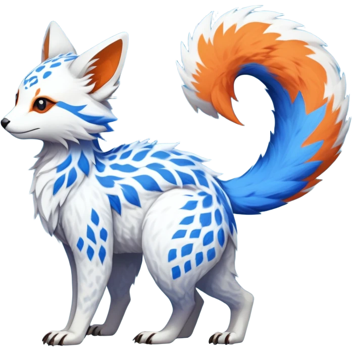 Rare realistic exotic white and neon-blue and neon-orange epic pretty beautiful handsome gorgeous aesthetic colorful vibrant Vernid-Trico-species-Fakemon-creature by LiLaiRa, 4 legs, 1 tail, random markings, (full body) tufted tail  emoji