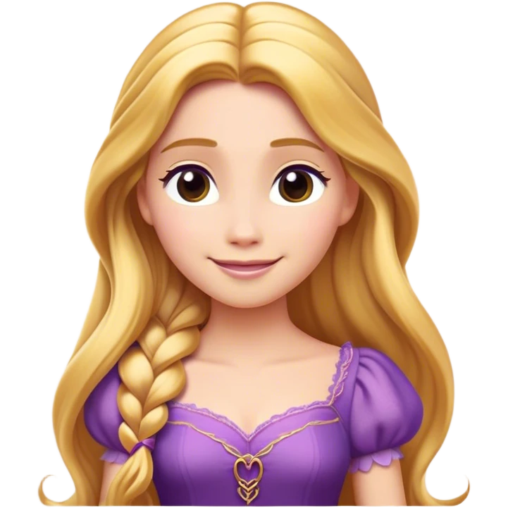 Cinematic Radiant Rapunzel Portrait Emoji, rendered in a flat vector style with clean proportions. Show Rapunzel with a gentle smile, fair, glowing skin, and her iconic long golden hair cascading softly, wearing a simple, elegant purple dress. The image radiates a warm, enchanting glow, high shine, and is accentuated by a soft glowing outline. emoji