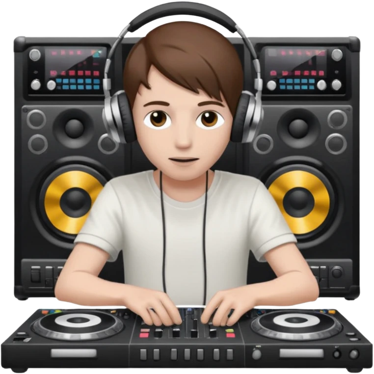 White skin dj mixing with dj booth, headphone on head, no cap, not bald, brown hair  emoji