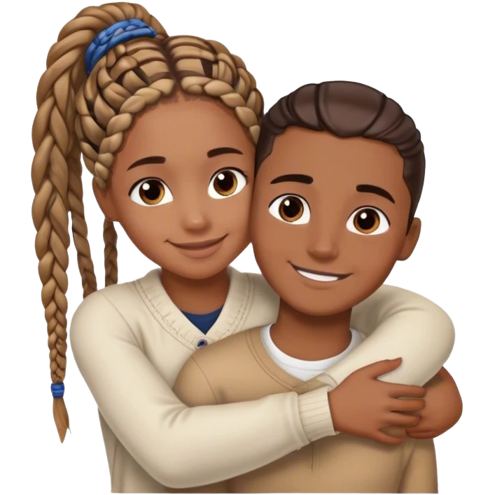 Brown skin girl with box braids and hazel eyes and white boy with brown hair and dark blue eyes hugging emoji