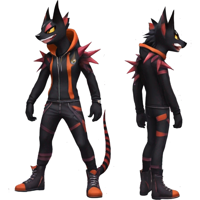 Cool Anthro Black Noivern-Litten-Pokémon with edgy stripes hoodie spiked collar punk Full Body emoji