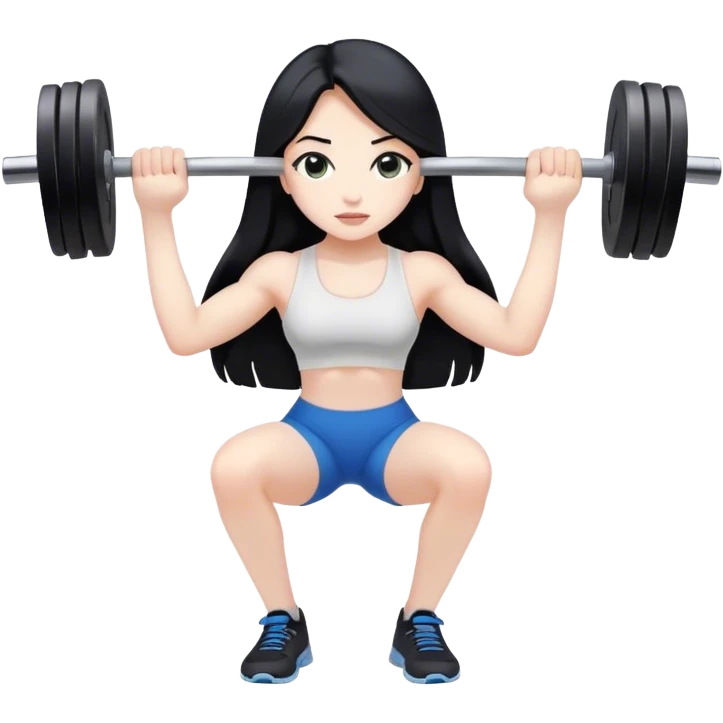 Pale girl with long black hair lifting weights emoji