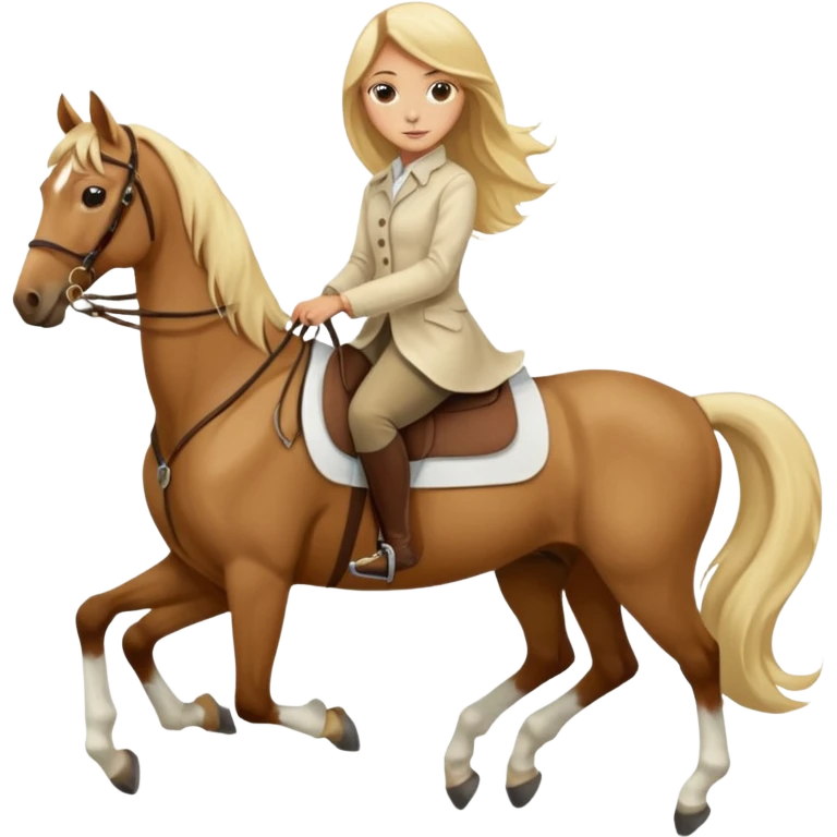 Tan girl with long blonde hair wearing a cream colored long sleeve shirt and riding pants on top of a brown horse with 4 legs emoji