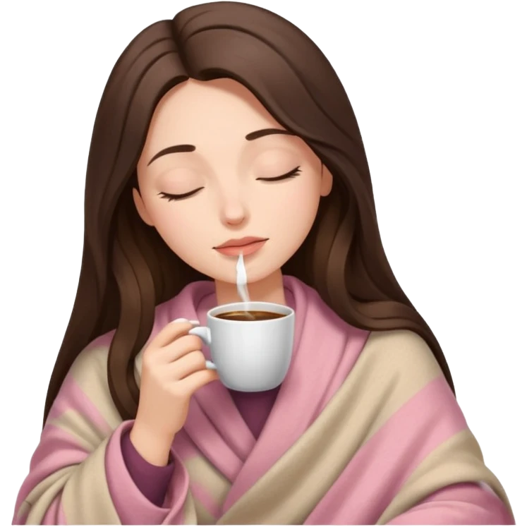 Brunette long hair lady inside a beige and light pink blanket sipping coffe with eyes closed  emoji
