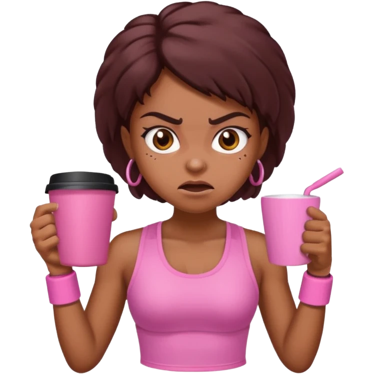 Angry brown girl with pink gym set and coffee emoji