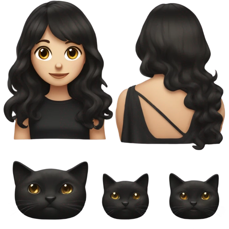 brunette girl with wavy long hair and bangs wearing all black holding black cat  emoji