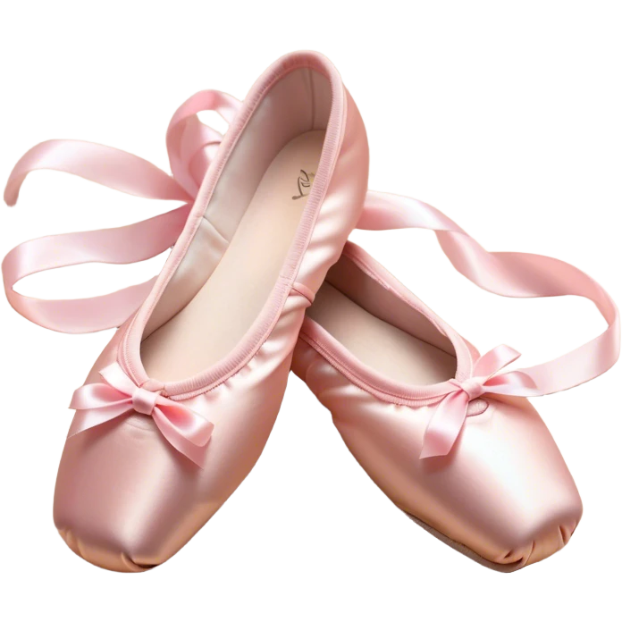 Cinematic Realistic Ballet Shoes, soft satin pink pointe shoes with delicate ribbons, resting gently on a polished wooden floor, subtle creases in the fabric, glowing under the warm golden light of a rehearsal studio, evoking elegance and grace. emoji