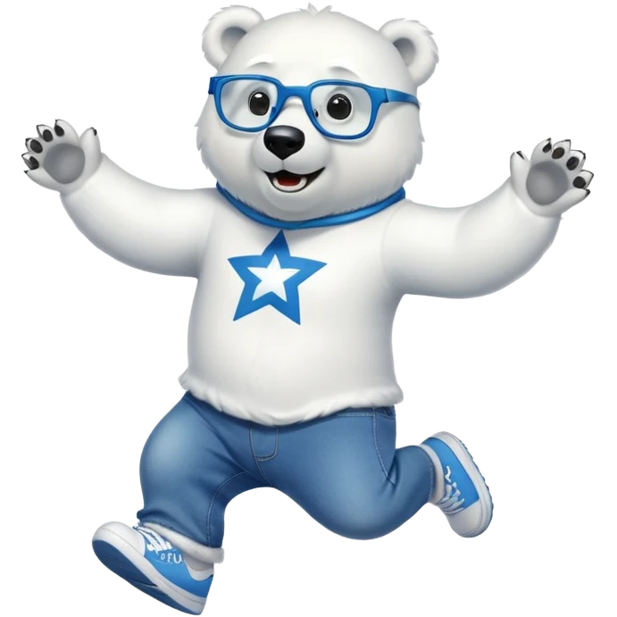 friendly anthropomorphised polar bear jumping and looking excited, wearing a shirt, jeans, trainers, star-shaped glasses emoji