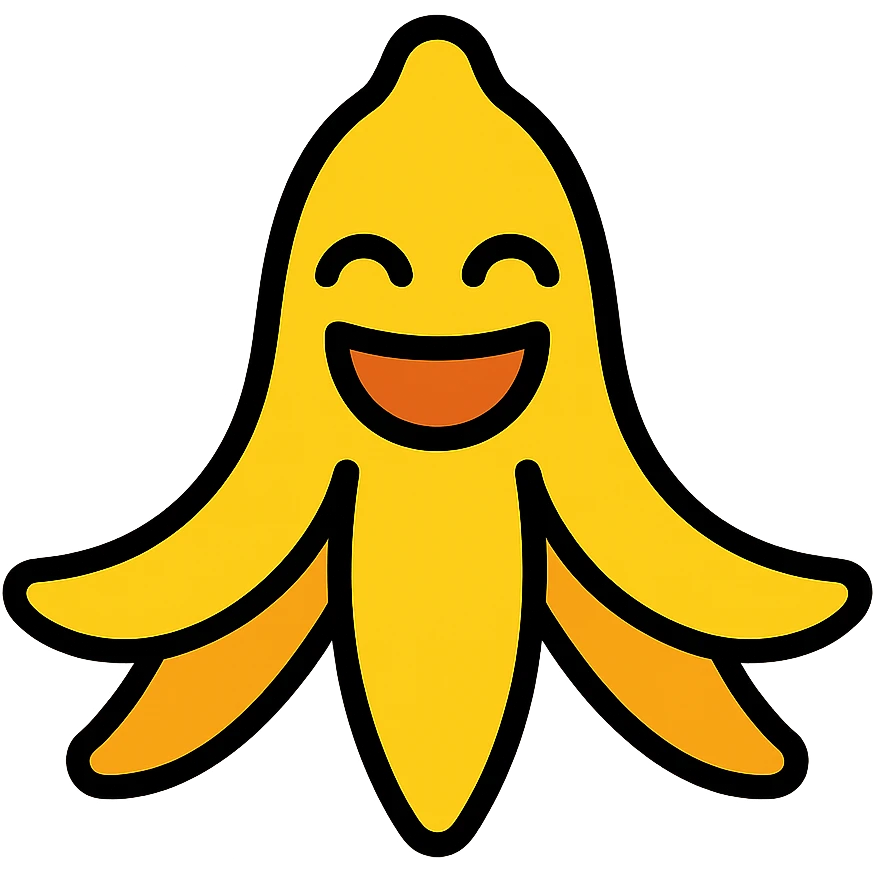 visual pun of a banana peel shaped like a laughing face, icon style emoji