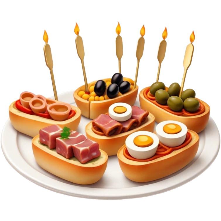 Tapas (4 Pintxos) Cinematic Realistic Tapas Dish Emoji, depicted as an assortment of 4 pintxos elegantly arranged on a plate, rendered with lifelike textures and vibrant, inviting lighting. emoji