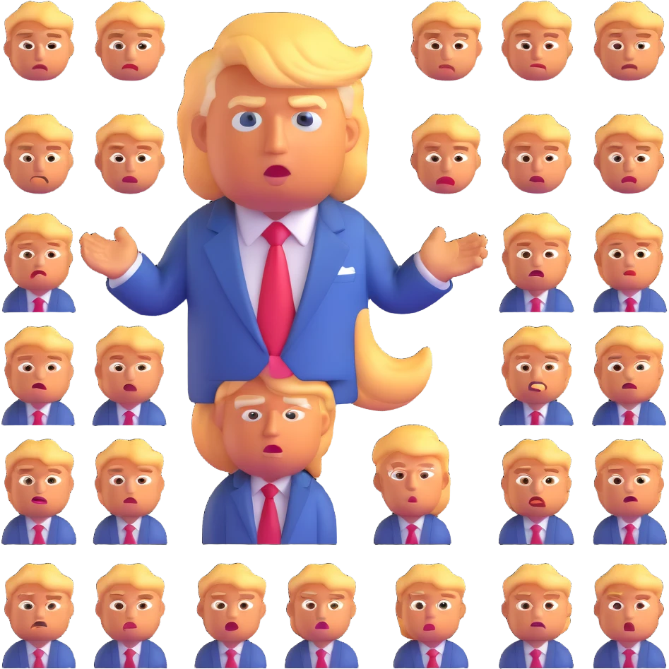 Donald Trump as a 3D emoji, exaggerated features, orange skin, blond hair, blue suit, red tie, no text emoji