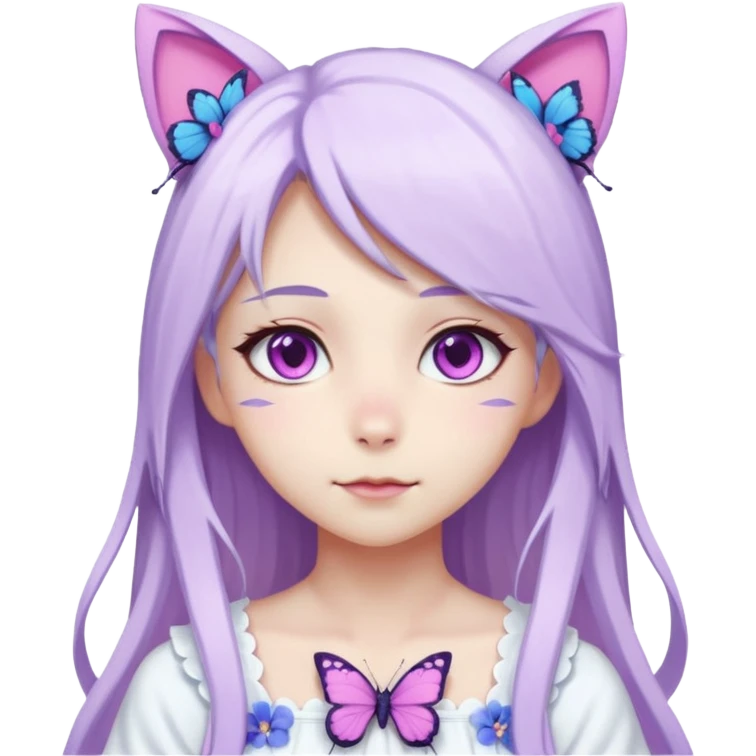 female anime character with pink eyes long white hair and periwinkle highlights and cat ears on her head. She is wearing a white dress with purple flowers and butterfly. emoji