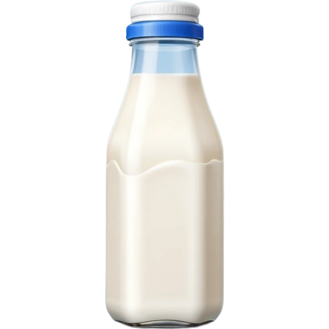A 3D cartoon bottle of milk with white liquid, blue cap, clean reflections, Memoji-style. emoji
