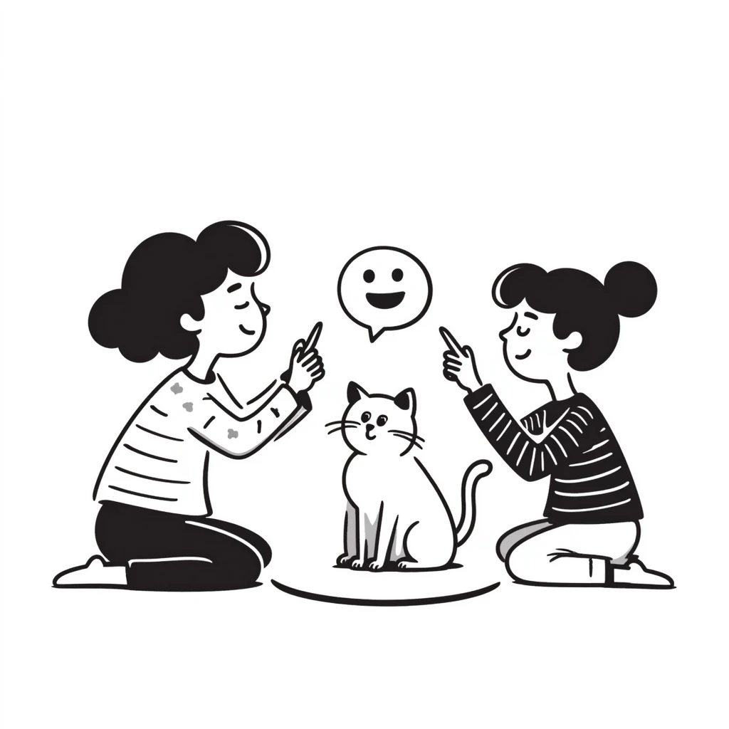 two girls and a cat drawing an emoji, hand-drawn doodle style emoji