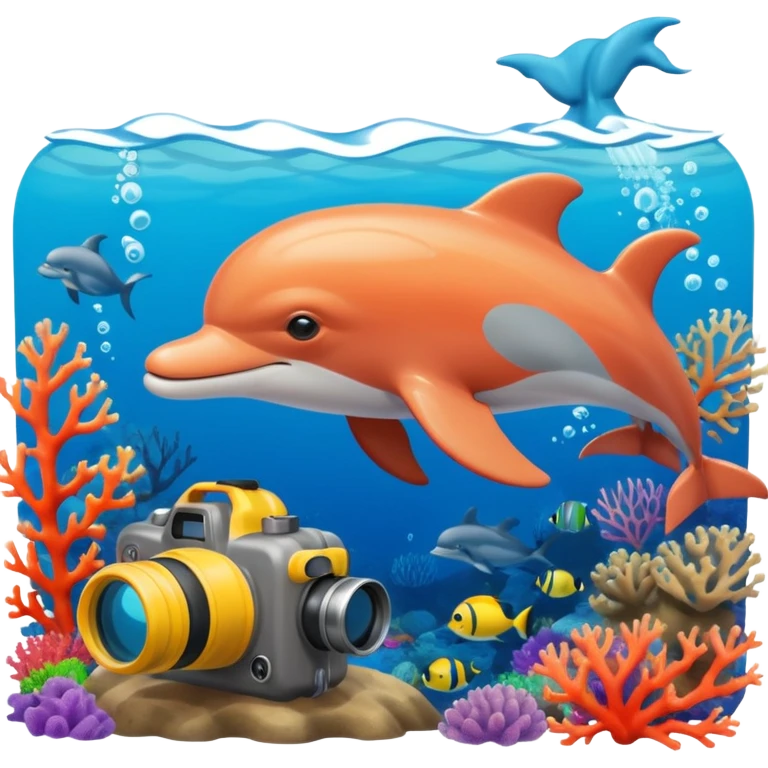 A brave dolphin in diver mask and oxygen tank, exploring coral with a waterproof camera.

 emoji