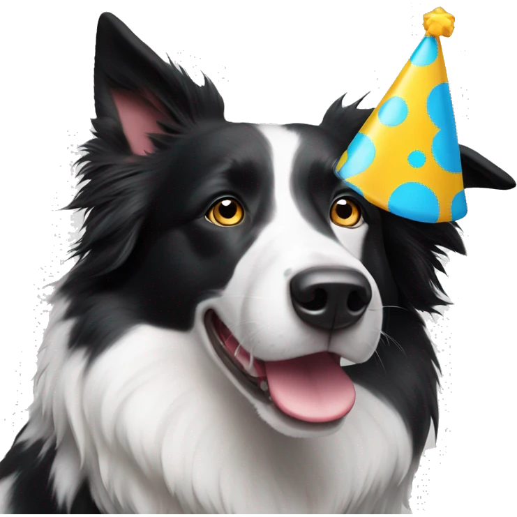 A black and white Border Collie with black spots wearing a party hat.   emoji