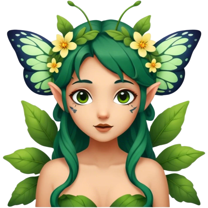 Cinematic Realistic Forest Fairy Portrait, head tilted playfully and inquisitively, showcasing a nature-inspired form with intricately detailed, sunlit tanned skin and cascading dark green hair interlaced with leaves and blossoms showing her large butterfly wings from her back. Her bright, curious eyes sparkle with forest mischief, rendered with lifelike clarity and warm, dappled lighting that captures the spirit of an enchanting woodland fairy ready to dance among the trees. emoji
