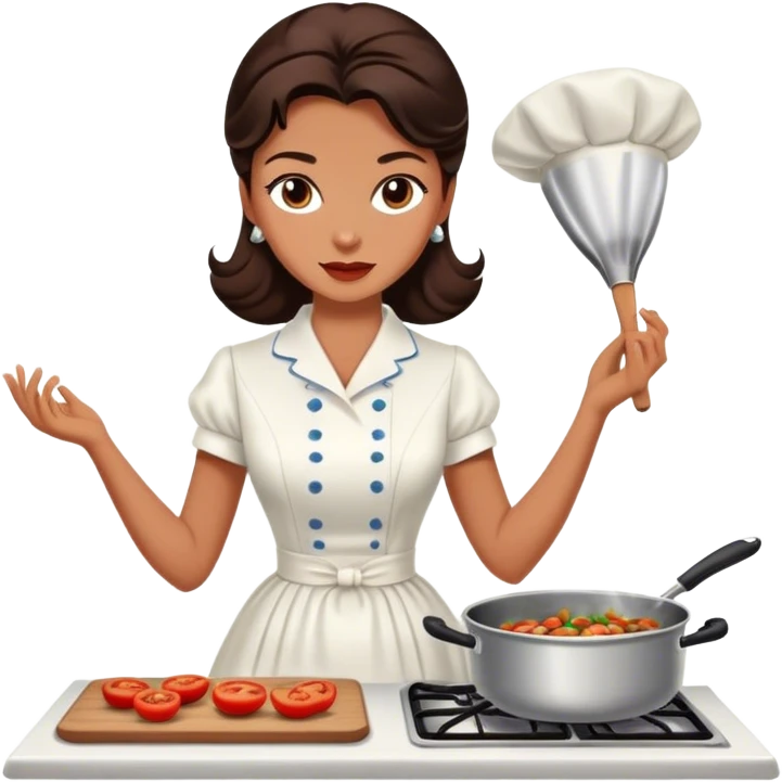 Beautiful woman in 1950’s woman fashion look, white dress, long dark brown hair, cooking emoji