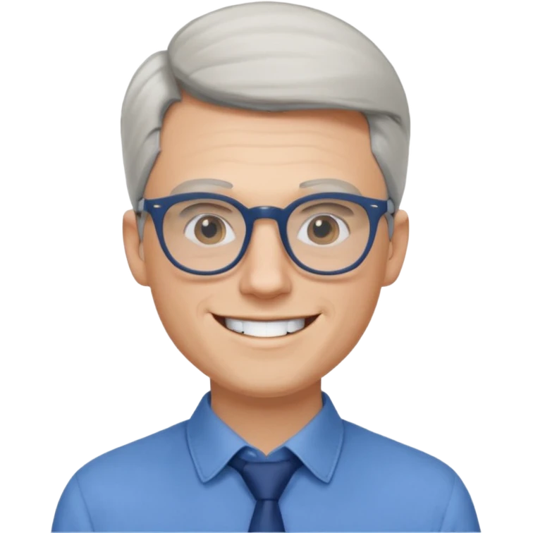 30 yr old pale white man, white/grey side swept stylish hair, round glasses, big smile, white teeth, handsome, longer hair, thin glasses, blue dress shirt emoji