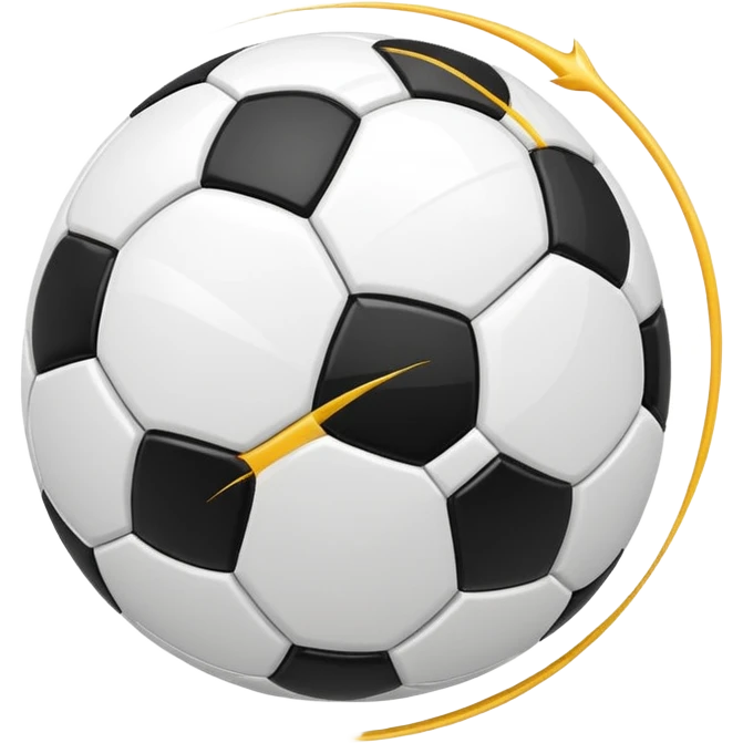 Apple-style emoji of a soccer ball with curve effect, flying with curved wind trails showing spin, glossy 3D look, clean minimal design, soft lighting, transparent background. emoji