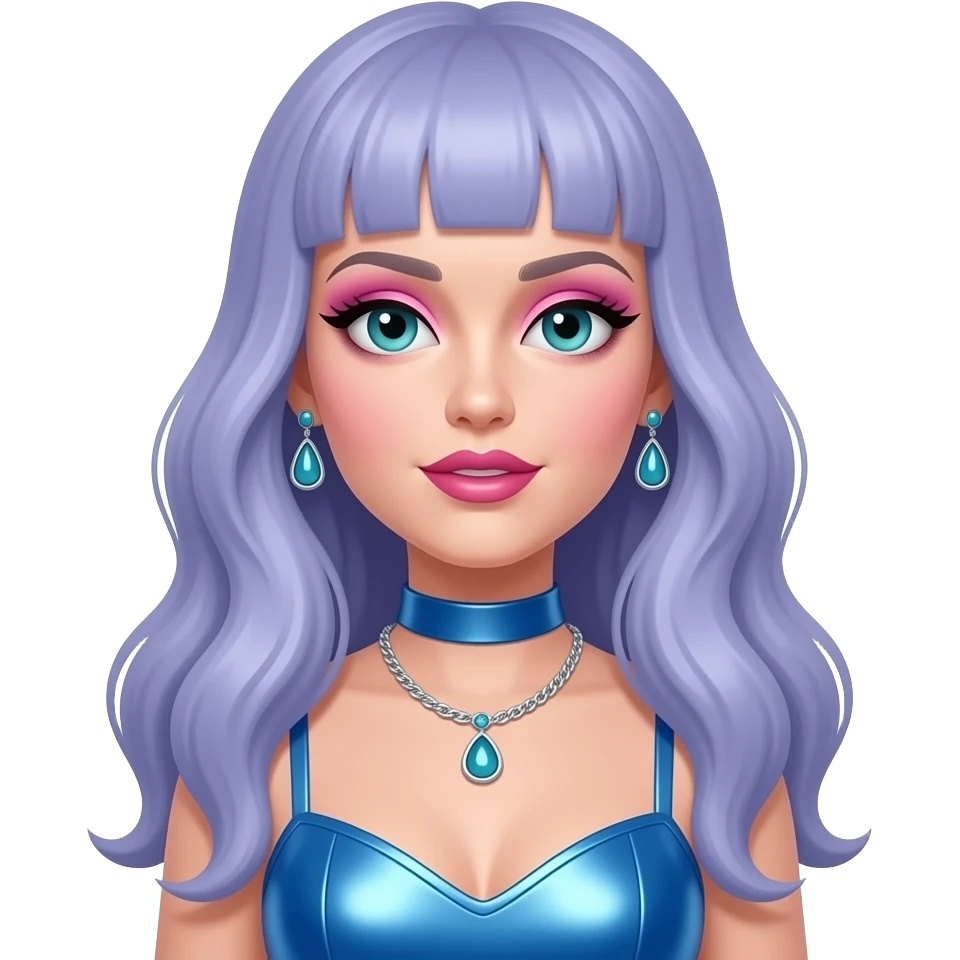 Katy Perry with teal eyes, long periwinkle hair, pink eyeshadow and lipstick, blue metallic pop outfit, necklace and earrings emoji