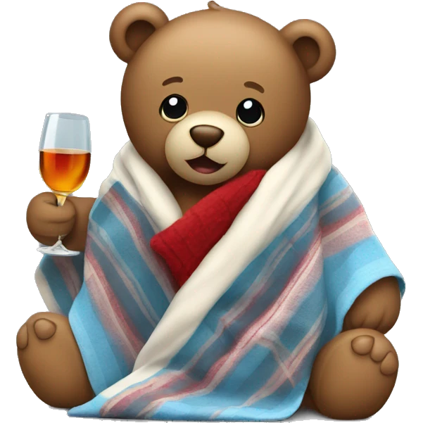 a Christmas teddy happy bear wrapped in a blanket drinks wine emoji