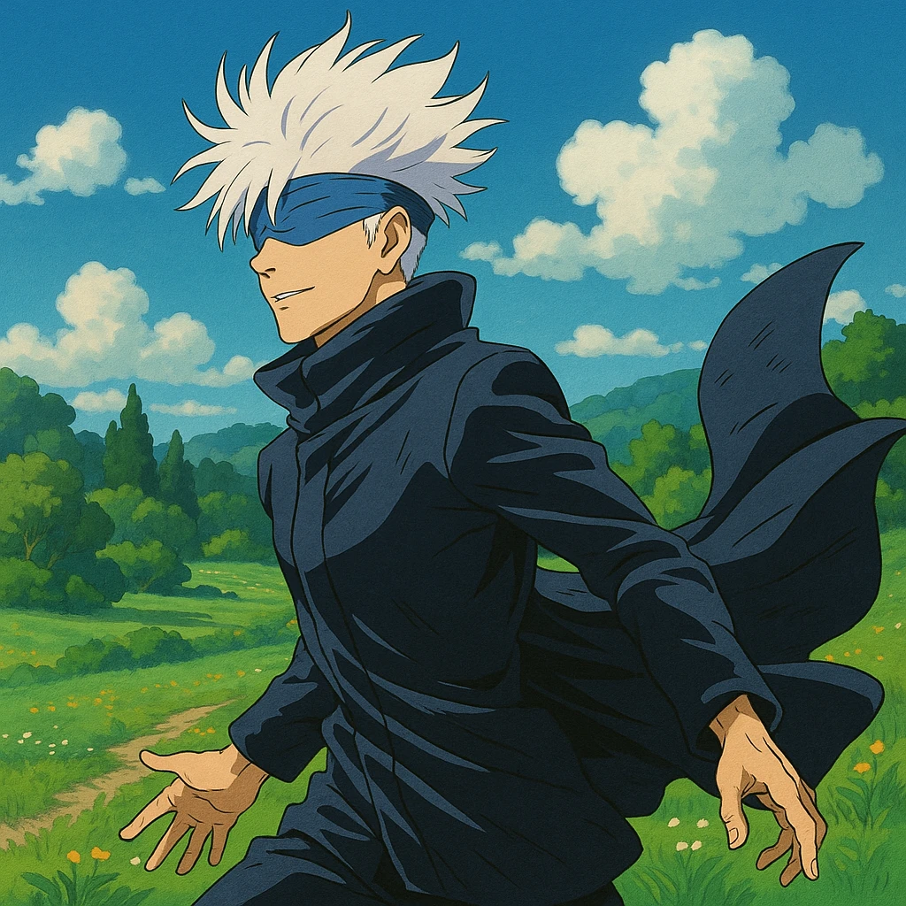 Gojo Satoru, dynamic pose, wind blowing coat, white hair, blue blindfold, lush scenery, Ghibli style emoji