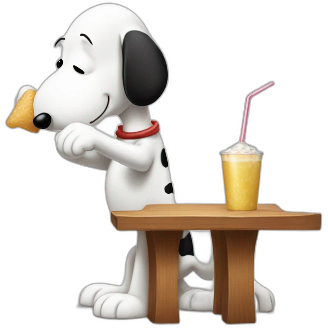 Snoopy (full body, standing) holding a straw in his hand against his nose bent over a table sucking up a pile of sugar -drink -cup emoji