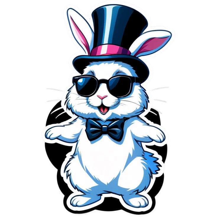 A cute, fluffy white rabbit (wearing dark sunglasses) peeks up and hops out of a sparkly animated top hat.  emoji