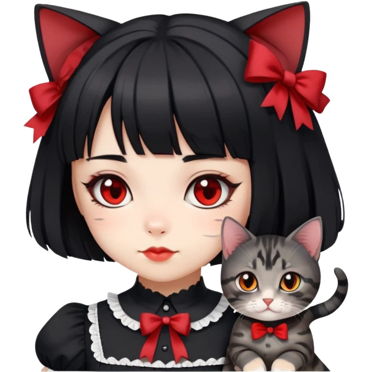 girl wearing black Lolita style dress, with medium-length black hair with red tips, and a black American Shorthair tabby cat emoji