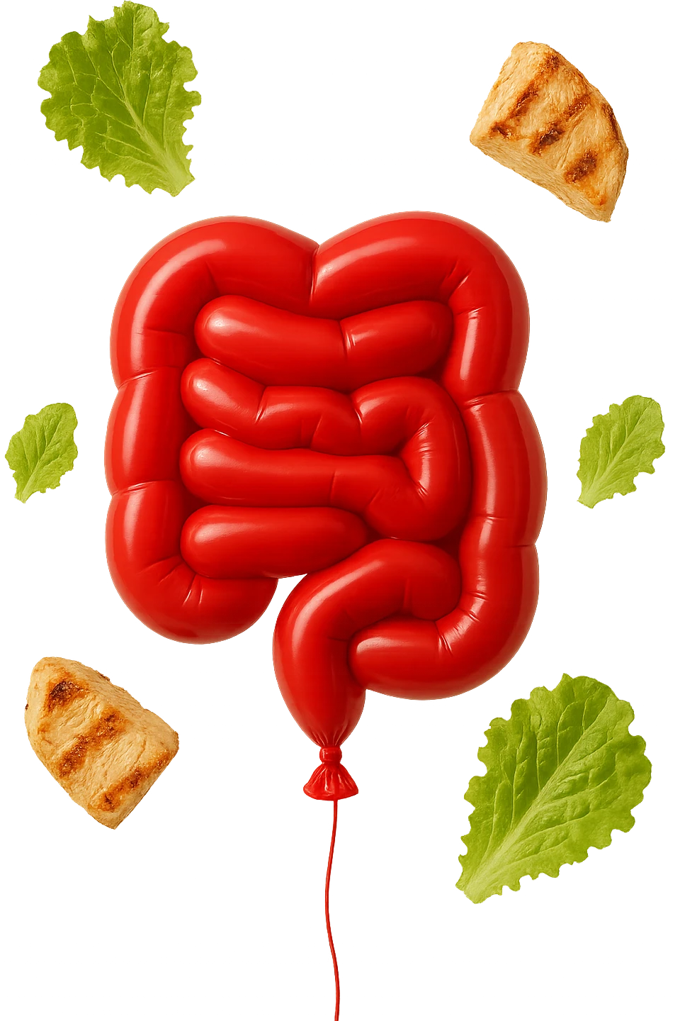 intestino chiuso in un palloncino rosso e foglie di insalata e petto di pollo grigliato che fluttuano intorno emoji