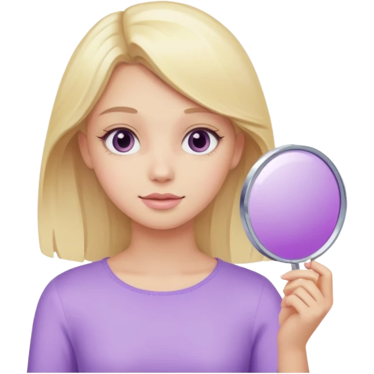 девушка блондинка держит в руке пастельно фиолетовое зеркальце emoji