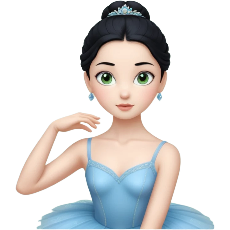 Cinematic Realistic ballerina Medium Blue Portrait, depicted with lifelike skin texture, subtle rosy undertones, and soft natural lighting that enhances the gentle contours of her face. Her intricately detailed sweet black hair is elegantly styled, green eyes emoji