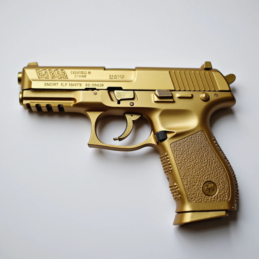 photorealistic gold pistol with a matte finish, no heart shapes or motifs, white background emoji