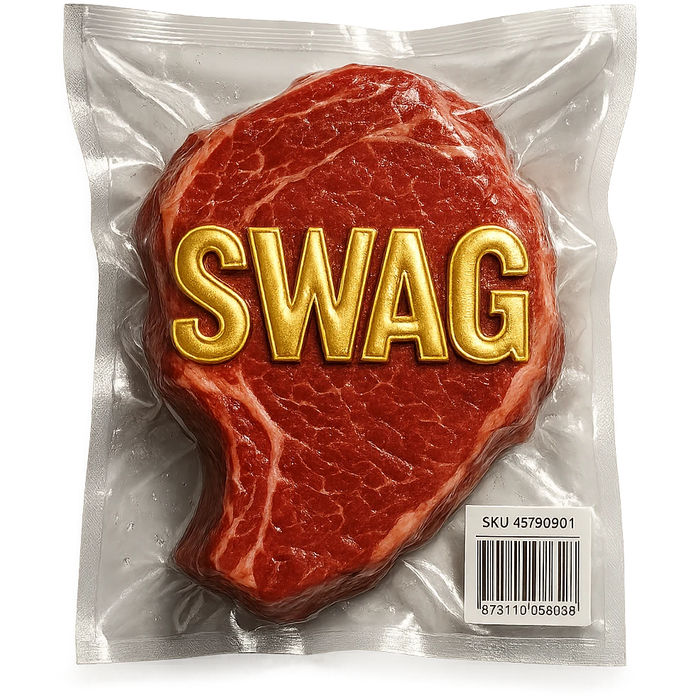 steak with gold embossed 'SWAG' text, glossy and puffy emoji
