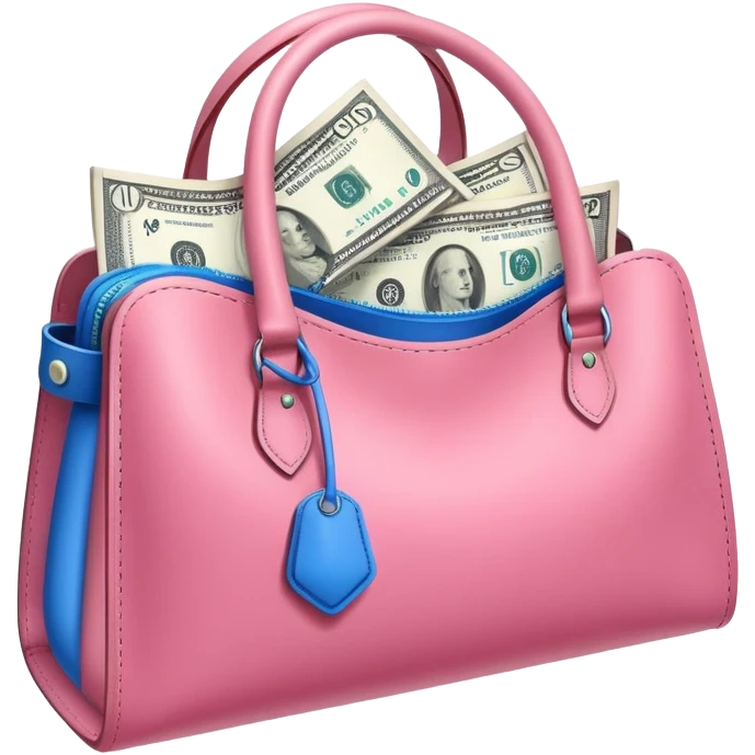 ultra realistic pink bag full of blue money bills emoji