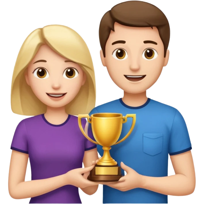 Create an emoji that reflects man & woman that is happy, and that asks a lot of questions and have trophy all around him & her emoji