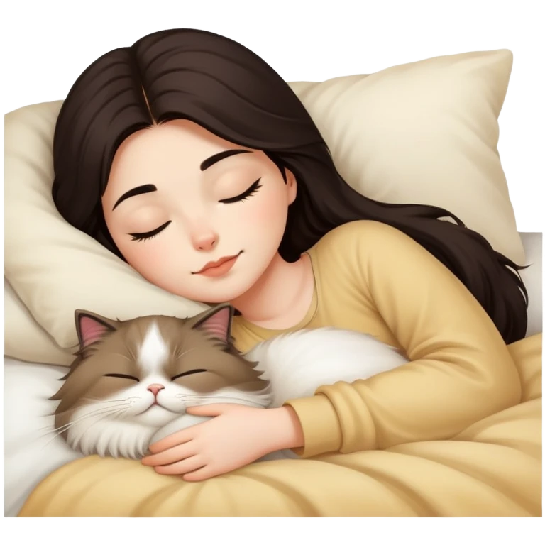 pretty girl with dark long hair sleeping with blonde fluffy  persian cat in bed emoji