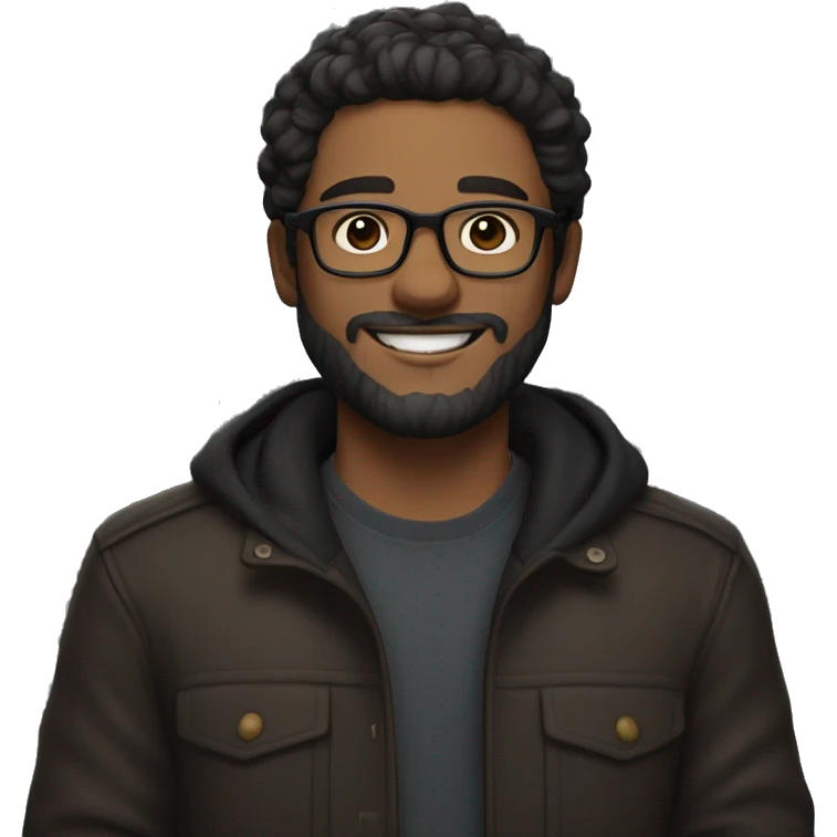 a man with black wavy hair, glasses, a trimmed beard, light brown skin, and a warm smile, wearing a dark outfit with a friendly vibe. emoji