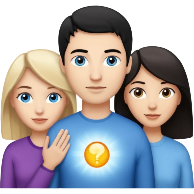 Blond woman with blue eyes on left. And a Man with black hair and grey eyecolor in the middle. And a blank woman with brown hair and grey eyes on the right. Holding each other  emoji