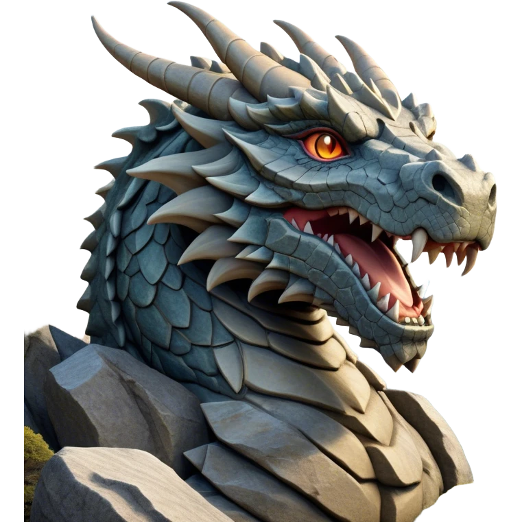 Cinematic Noble Giant Rock Dragon Portrait Emoji, Poised and awe-inspiring, with a massive, rugged form carved from ancient stone, featuring intricately textured scales that resemble weathered granite and basalt, and piercing, stony eyes echoing the strength of timeless mountains; rendered with lifelike detail and earthy natural highlights, high shine, formidable and grounded, styled with an aura of primordial majesty, focused and resolute, soft glowing outline, capturing the essence of an enduring rock titan ready to surge from the screen with ageless power! emoji