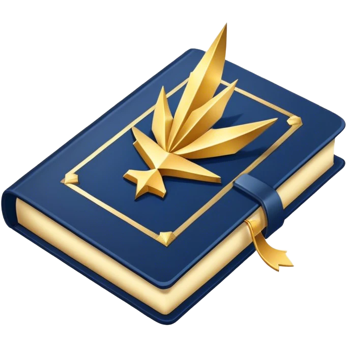 A navy blue productivity book with gold details, chart with upward trend aura, radiating productivity, strategy, and success in motion- emoji