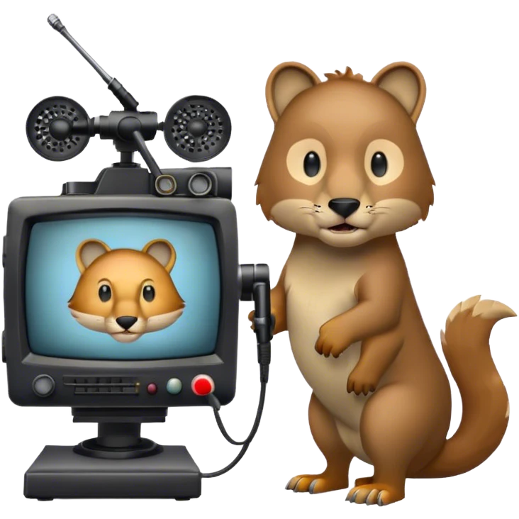 Icon for Documentary TV Show: A TV screen with a microphone, books, historical documents and scientific symbols. Include roaring animals, interview setup with a camera and a serious-looking news anchor or narrator. Transparent background. emoji