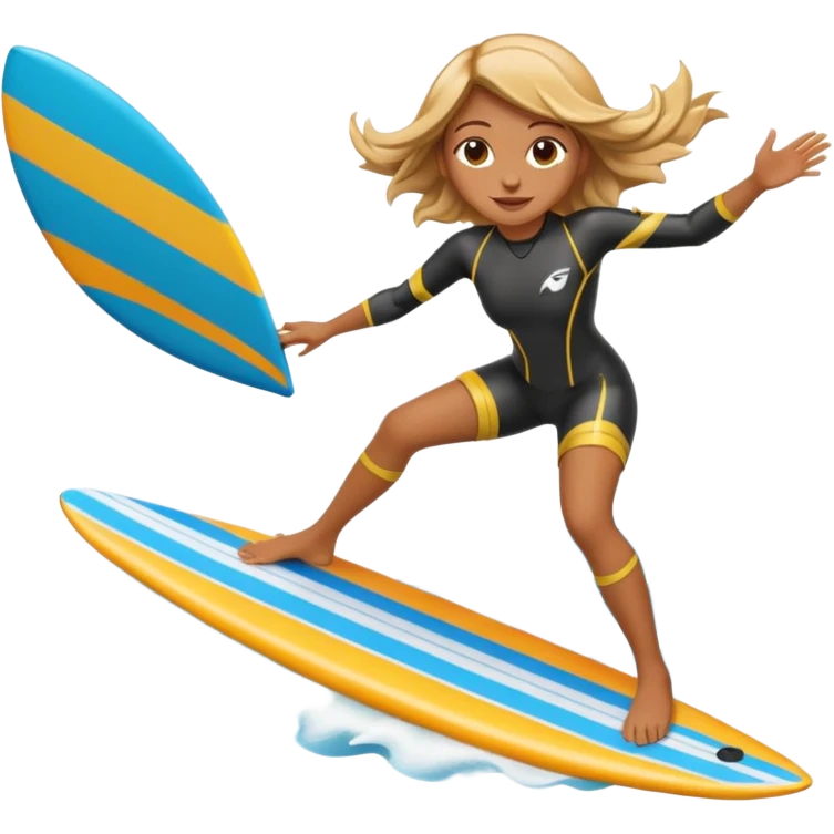 High-resolution detailed emoji of a wingfoil surfer girl, vibrant and expressive style. She is riding a hydrofoil board above ocean waves, holding an inflated wing sail overhead.  emoji