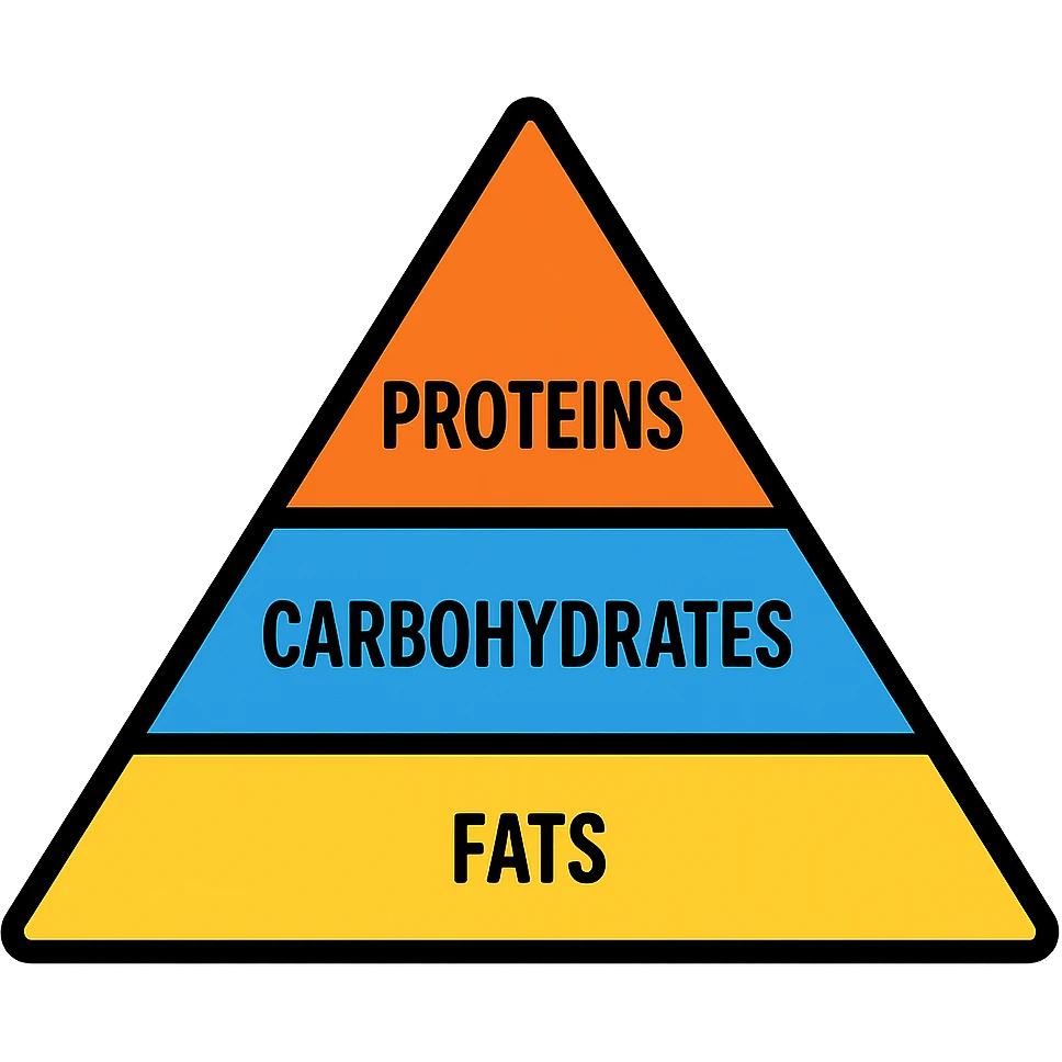 a balanced nutrition triangle divided into three clear sections labeled proteins, carbohydrates, and fats, simple and visually clear, suitable for educational use emoji