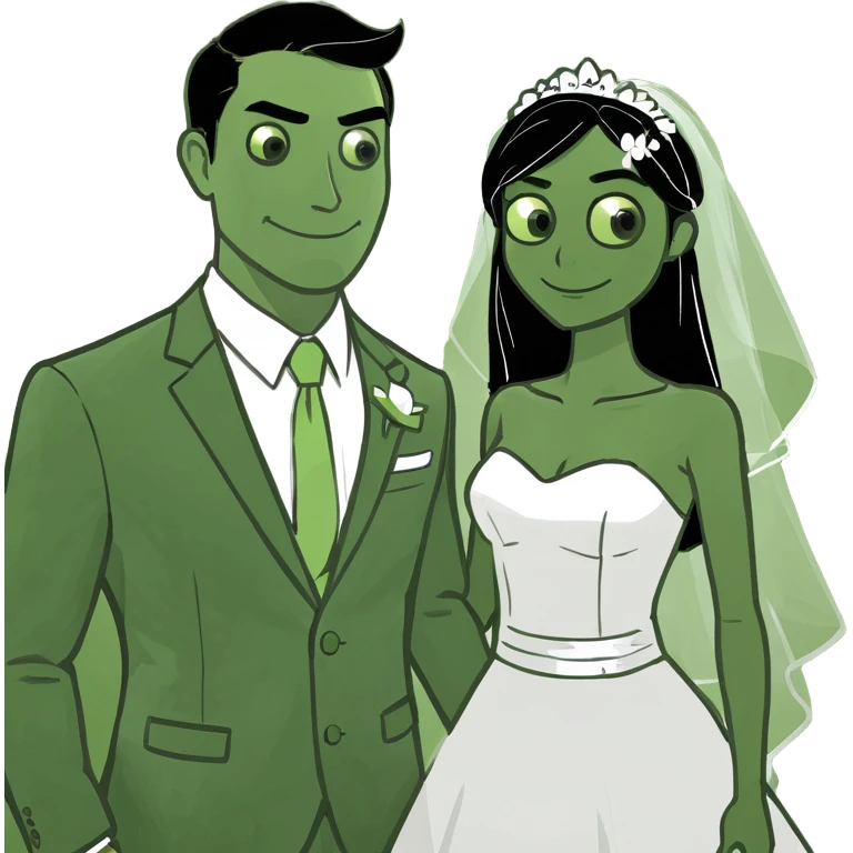 A Blonde girl with light brown skin in wedding dress with  a white man next too her with a suit on emoji