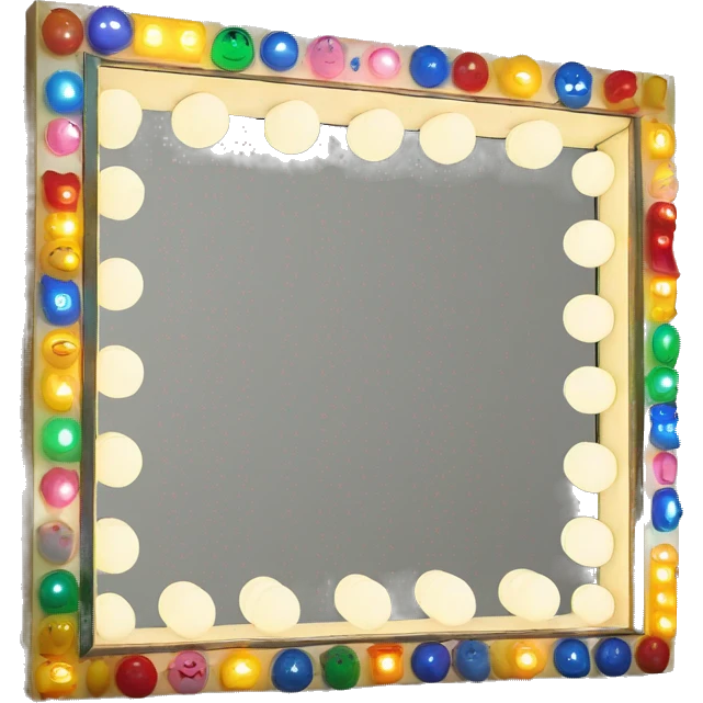 Vintage fun house mirror with lights around the mirror fram emoji